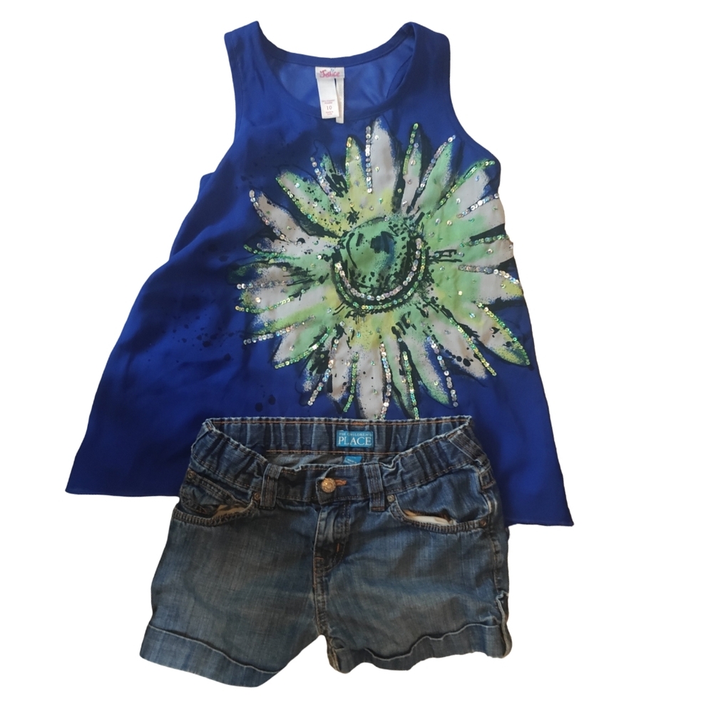 JUSTICE  Blue and Green Floral Kids Tank Top The Children's Place Shorts 10